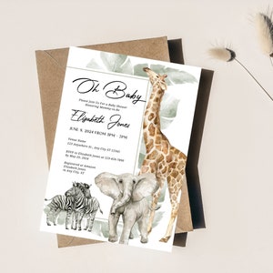 Boho Safari-Babyparty-Einladung, Oh Baby-Dschungel-Aquarell-Babyparty-Einladung, druckbare und bearbeitbare Tropische Partytier-Canva-Vorlage