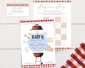 May include: A baby shower invitation with a blue and white checked background. The invitation features a watercolour illustration of a red grill with a blue circle that says "Baby Q baby shower for Maria Wilson". The invitation also includes the date, time, and location of the shower.