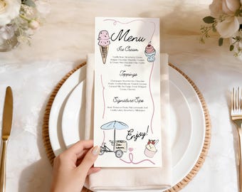 She's Been Scooped Up Bridal Shower Menu, Ice Cream Sundae Bar Menu Card, Pink Dessert Table Sign, Editable Canva Template, Digital Download