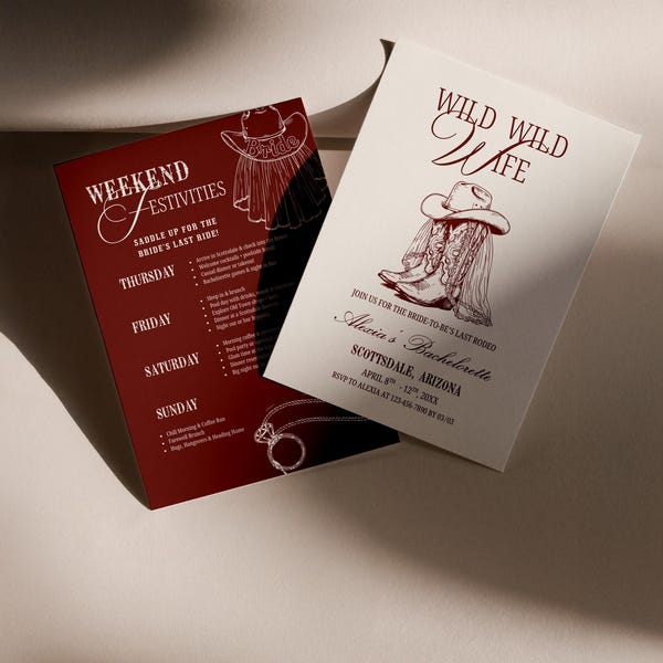 Paquete de invitación e itinerario para despedida de soltera "Wild Wild Wife", despedida de soltera en el oeste, Last Rodeo, plantilla editable de Canva, descargable