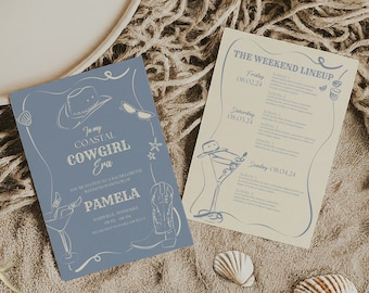Coastal Cowgirl Bachelorette Party Uitnodiging, Coastal Grandama Bachelorette Weekend Reisplan, Beach Western Hen Do Bewerkbare Canva-sjabloon