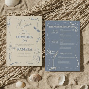 Küsten-Cowgirl-Bachelorette-Party-Einladung, Küsten-Oma-Bachelorette-Wochenend-Reiseplan, Strand-Western-Junggesellinnenabschied, bearbeitbare Canva-Vorlage