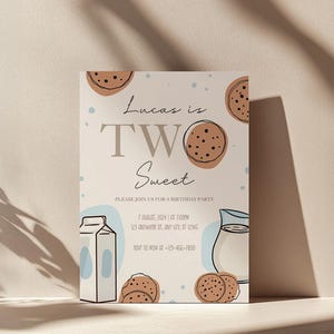 Two Sweet Birthday Invitation, Milk and Cookies 2nd Birthday Invite, Sweet Boy Second Birthday, Chocolate Chips Birthday Canva Template