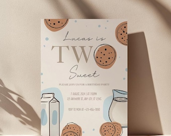 Two Sweet Birthday Invitation, Milk and Cookies 2nd Birthday Invite, Sweet Boy Second Birthday, Chocolate Chips Birthday Canva Template