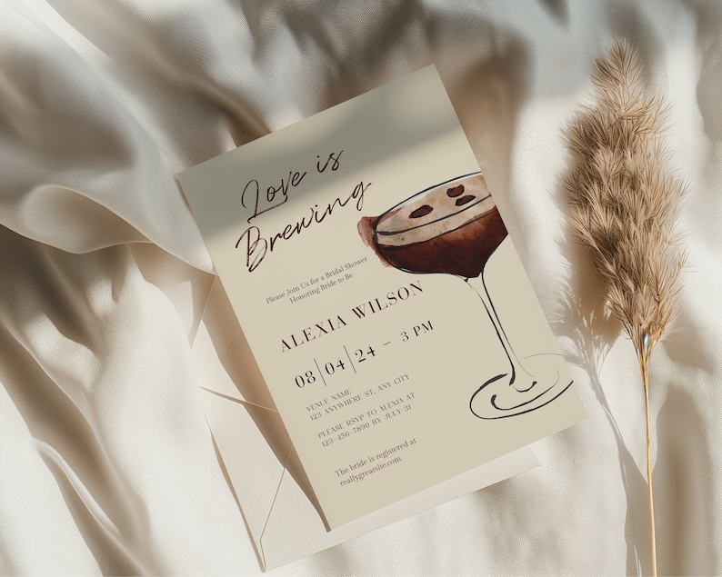 Love is Brewing coffee themed bridal shower invitation featuring charming coffee elements, editable Canva template for a personalized celebration.