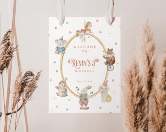 Storybook Party Animals Birthday Welcome Sign, Circus Watercolor Animal Decor, Kids Birthday Party, Editable Canva Template Digital Download
