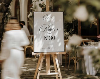 Letreros de bienvenida de cumpleaños con dinero antiguo, elegantes letreros minimalistas en blanco y negro, cumpleaños con clase, plantilla editable de Canva (descarga digital)