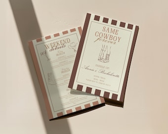 Plantilla de invitación e itinerario de despedida de soltera "El mismo vaquero para siempre" (Canva editable)