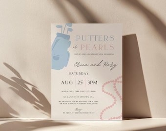 Putters or Pearls Gender Reveal Invitation, Golf Themed Baby Shower, Country Club, Boy or Girl, Editable Canva Template, Digital Download