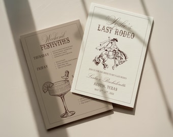 Paquete de invitación e itinerario para despedida de soltera "El último rodeo", despedida de soltera en el oeste, "Esposa salvaje", plantilla editable de Canva, descargable