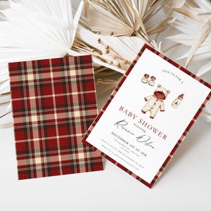 Invitación para baby shower con cuadros escoceses de invierno, acogedor baby shower navideño, acuarela navideña, cuadros rojos, plantilla de Canva editable, descarga digital