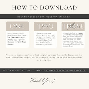 K&ouml;nnte beinhalten: Eine wei&szlig;e und graue Grafik mit dem Text "HOW TO DOWNLOAD" in Schwarz. Die Grafik enth&auml;lt Anweisungen zum Herunterladen digitaler Dateien, die auf Etsy.com gekauft wurden. Die Anweisungen sind in drei Abschnitte unterteilt: "ONE", "TWO" und "THREE".