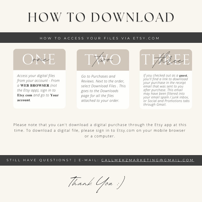 K&ouml;nnte beinhalten: Eine wei&szlig;e und graue Grafik mit dem Text "HOW TO DOWNLOAD" in Schwarz. Die Grafik enth&auml;lt Anweisungen zum Herunterladen digitaler Dateien, die auf Etsy.com gekauft wurden. Die Anweisungen sind in drei Abschnitte unterteilt: "ONE", "TWO" und "THREE".