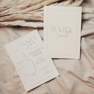 Faire-part de baby shower neutre, silhouette minimaliste contour du ventre pour femme enceinte, modèle de toile modifiable, téléchargement numérique