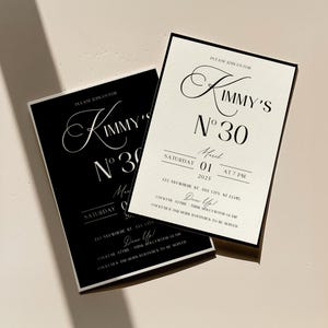 Verjaardagsuitnodiging oud geld, elegante moderne zwart-witte verjaardagsuitnodiging, minimalistische verjaardag, bewerkbare canvassjabloon, digitale download