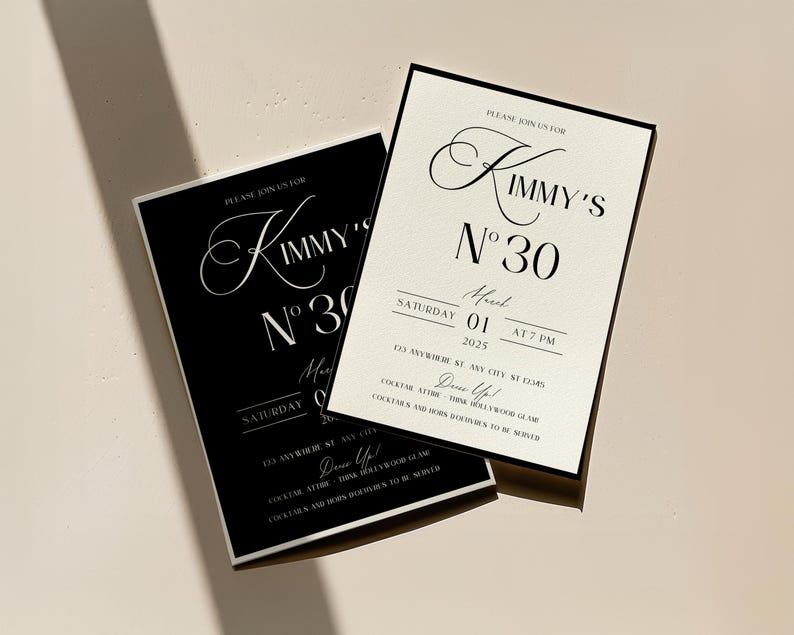 A sophisticated old-money-inspired birthday invitation set featuring two variations: one with a sleek black background and white typography and another with a classic cream background and black script text. The refined layout, elegant serif fonts, and minimalist aesthetic exude luxury and timeless sophistication, perfect for an upscale 30th birthday, cocktail soirée, or black-tie event. The invitation is displayed on a neutral backdrop, emphasizing its understated yet glamorous appeal.