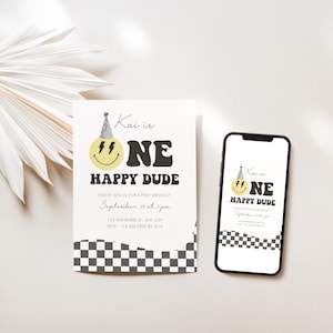 Convite de aniversário "One Happy Dude", convite para o primeiro aniversário com carinha sorridente, modelo para festa de carro de corrida xadrez no Canva, download digital editável
