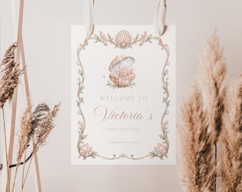 Mother of Pearl Baby Shower Welcome Sign, Seashell Baby Girl Decor, Coastal Ocean, Vintage Pearl Editable Canva Template, Digital Download