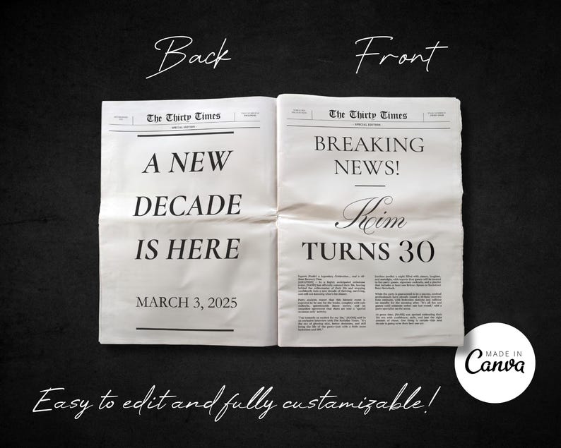 K&ouml;nnte beinhalten: Eine simulierte Zeitungsanzeige mit der Schlagzeile "A New Decade Is Here" auf der linken Seite und "Breaking News! Reim Turns 30" auf der rechten Seite. Das Datum ist der 3. M&auml;rz 2025.