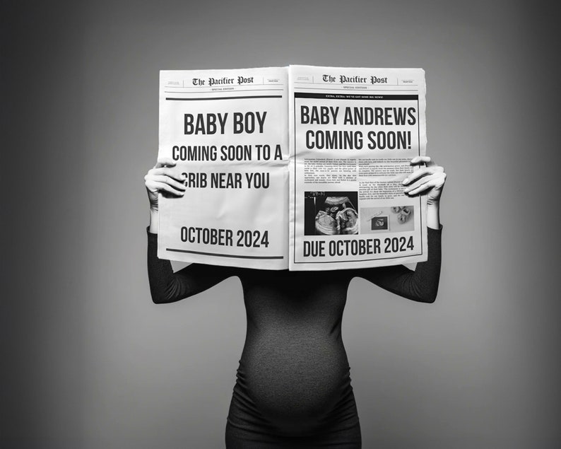 Vintage-inspired 'Baby Announcement Newspaper' template, displaying a customizable front page design with sample text for a pregnancy reveal, rendered in a charming sepia-tone color palette.
