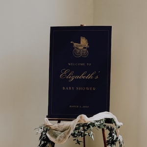 Letrero de bienvenida para baby shower con diseño clásico de polo, carrito de bebé vintage, letrero elegante para baby shower en azul y dorado, plantilla de Canva editable, descarga digital