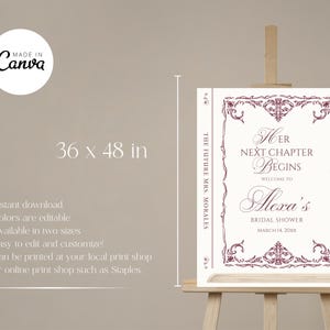 Puede incluir: Un letrero blanco sobre un caballete, con el texto "Her Next Chapter Begins" y "Alexa's Bridal Shower". El letrero mide 91 x 122 cm y presenta un borde decorativo burdeos. El letrero es para una despedida de soltera.