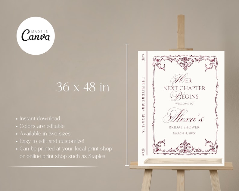 Puede incluir: Un letrero blanco sobre un caballete, con el texto "Her Next Chapter Begins" y "Alexa's Bridal Shower". El letrero mide 91 x 122 cm y presenta un borde decorativo burdeos. El letrero es para una despedida de soltera.