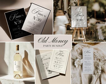 Old Money Party Bundle, Vintage Black & White Invitation Set, Welcome Signs, Cocktail and Wine Labels, Luxe Dinner Menus, Editable Canva Kit