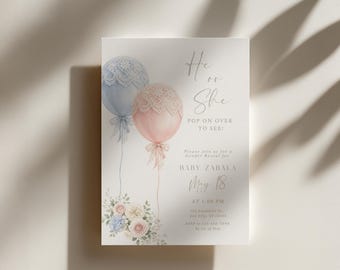 He or She Pop on Over to See Gender Reveal Invitation, Watercolor Lace Balloons, Pastel Colors, Editable Canva Template, Digital Download