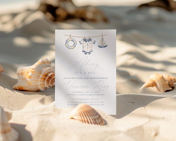 Ahoy Its a Boy Baby Shower Invitation, Nautical Ocean Theme Invite, Anchor Sailboat Printable, Editable Canva Template, Digital Download