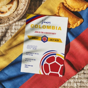 Invitación a la fiesta de fútbol Vamos Colombia, celebración de las finales del fútbol colombiano, plantilla Canva editable, descarga digital personalizada de Futbol Fiesta