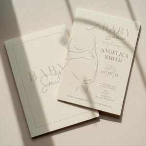 Invito neutro per baby shower, silhouette minimalista del pancione per future mamme, modello Canva modificabile, download digitale