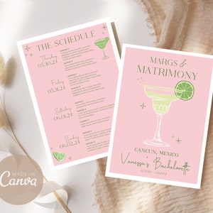 Margs and Matrimony Bachelorette Invitation & Itinerary Bundle, Customizable Canva Template, Margaritas and Matrimony Bach Weekend Schedule