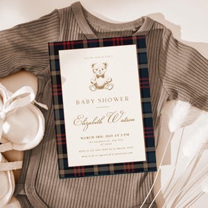 Klassische Polo Bear-Babypartyeinladung, Vintage-Plaid-Babyparty, Vintage-Plaid-Babyparty, bearbeitbare Canva-Vorlage, digitaler Download