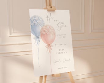 Lace Balloon Gender Reveal Welcome Sign Template, He or She Baby Reveal Decor, Pop On Over Poster, Editable Canva Template, Digital Download