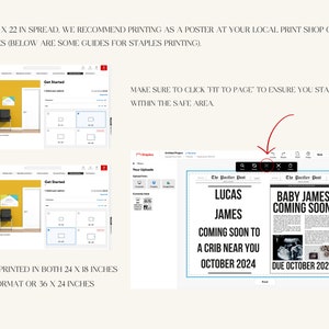 Step-by-step guide displayed on a print service website showing how to print a 'Coming Soon' newspaper-style baby announcement as a poster, with instructions to select 'Fit to Page'.