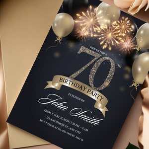 Elegante invito alla festa di compleanno del 70° compleanno in oro e nero/celebrazione del decennio con scintillii e fuochi d'artificio/modello Canva personalizzabile