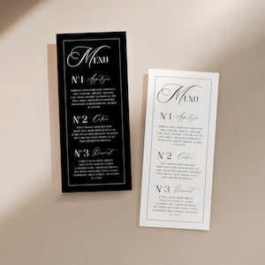 Peut inclure: Deux cartes de menu rectangulaires, une noire et une blanche, avec un texte en écriture élégante. Le mot "Menu" est en haut, suivi de sections numérotées pour les entrées, les plats et les desserts. Les cartes sont sur un fond neutre.