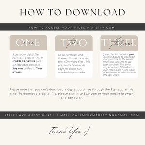 May include: A beige and white graphic with instructions on how to download files from Etsy. The text includes steps for accessing digital files via a web browser, purchases, and guest checkout. The image also includes the text "Thank You :)".