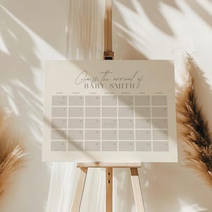 Calendario minimalista para baby shower, póster para adivinar la fecha de nacimiento del bebé, elegante juego para baby shower, plantilla editable de Canva, descarga digital
