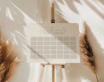Minimalistische vervaldatumkalender babyshower, poster aankomst babyshower, elegante babyshowergame, bewerkbare canvassjabloon, digitale download