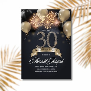 Elegante invito alla festa di compleanno del 30° compleanno in oro e nero/celebrazione del decennio con scintillii e fuochi d'artificio/modello Canva personalizzabile