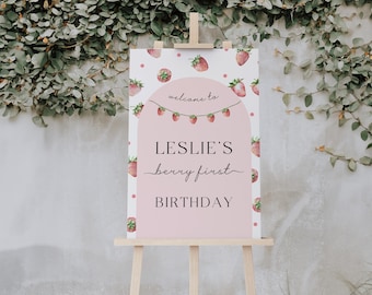 Berry First Birthday Welcome Sign Template, Strawberry Girls 1st Editable Canva Sign, Berry Sweet Party Printable, Instant Digital Download