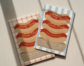 Hot Dog BBQ Invitation, Bring Your Buns Over, Fourth of July Cookout, Retro Picnic Party, Backyard BBQ,  Editable Canva Template, Digital