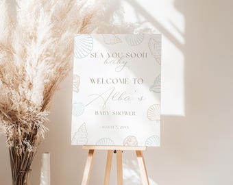 Tabliczka powitalna na baby shower z napisem „Sea You Soon”, prysznic na plaży nad morzem, dekoracja imprezy w kształcie muszelek, neutralność płciowa, edytowalny szablon Canva, pobieranie cyfrowe
