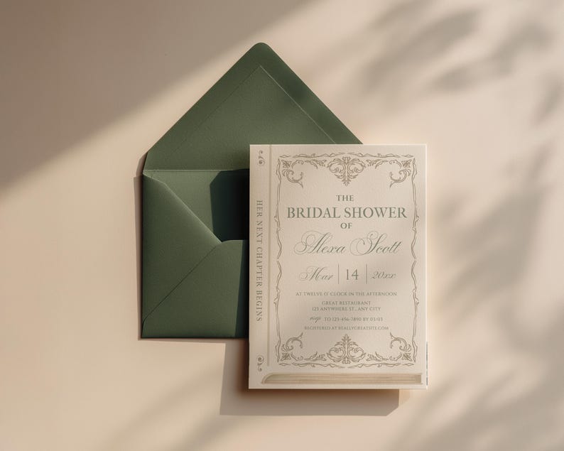 May include: A bridal shower invitation designed to look like a book, with the text "The Bridal Shower of Alexa Scott" and the date March 14, 202x. The invitation is paired with a dark green envelope, set against a neutral background.