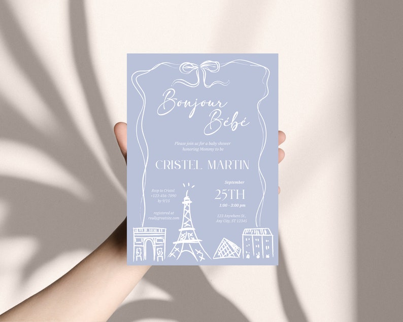 Bonjour Bebe Baby Shower Invitation, Hand Drawn French Themed Invite ...