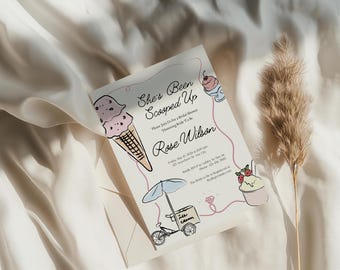She's Been Scooped Up Bridal Shower Invitation, Hand Drawn Ice Cream Bridal Shower Invite, Customizable Sweet Canva Bridal Shower Card