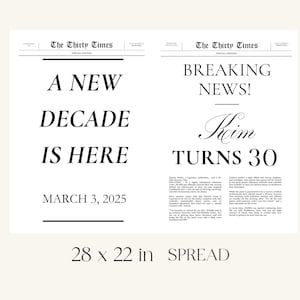 K&ouml;nnte beinhalten: Eine schwarz-wei&szlig;e Zeitungsseite, die einen 30. Geburtstag mit der Schlagzeile "Breaking News! Kim Turns 30" ank&uuml;ndigt. Die linke Seite der Seite lautet "A New Decade Is Here March 3, 2025".