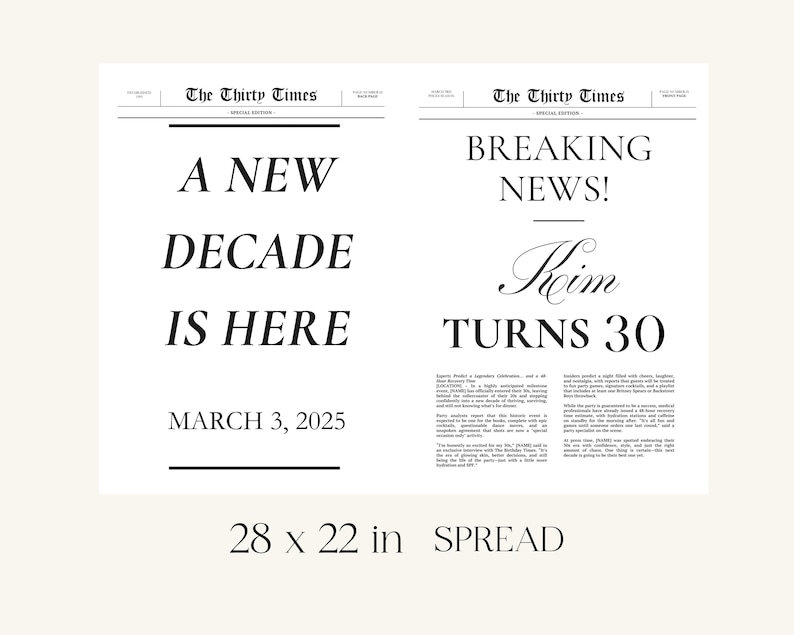 K&ouml;nnte beinhalten: Eine schwarz-wei&szlig;e Zeitungsseite, die einen 30. Geburtstag mit der Schlagzeile "Breaking News! Kim Turns 30" ank&uuml;ndigt. Die linke Seite der Seite lautet "A New Decade Is Here March 3, 2025".
